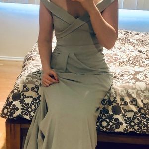 David's Bridal Off-Shoulder Stretch Crepe Bridesmaid Dress in Dusty sage